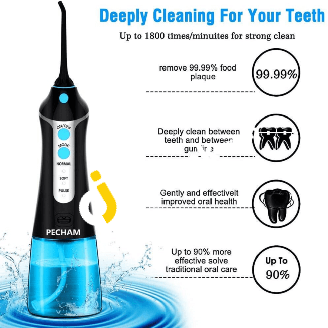 Water Flosser Pecham 300Ml Portable Ipx7 Waterproof Oral Irrigator With 3 Modes 4 Jet Tips & Tongue