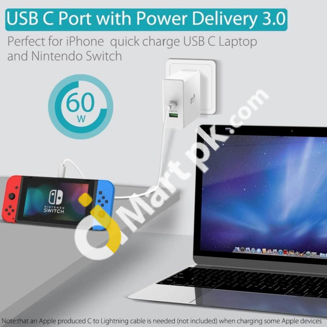 Quntis Usb C Pd Charger With Type To Cable 60W Power Delivery 3.0 + 18W Quick Charge A Port -