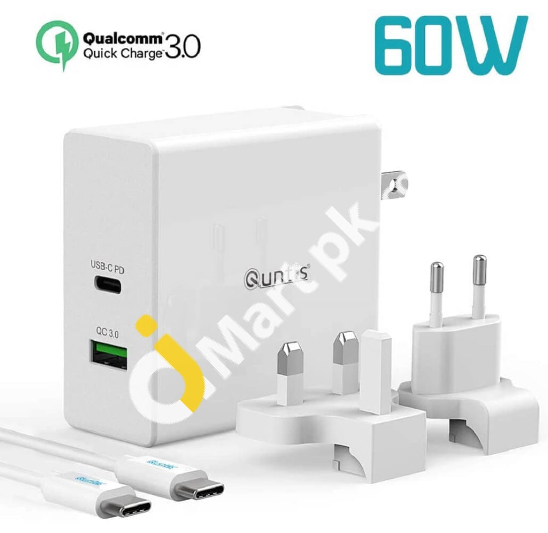 Quntis Usb C Pd Charger With Type To Cable 60W Power Delivery 3.0 + 18W Quick Charge A Port -