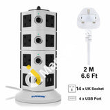 SAFEMORE Vertical Tower Extension Lead with 14Way Outlet & 4 USB Ports, Individually Switched Plug Multi Charging Station with Overload Protection, 2M Cable - Imported from UK