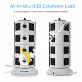 Safemore Vertical Tower Extension Lead With 14Way Outlet & 4 Usb Ports Individually Switched Plug