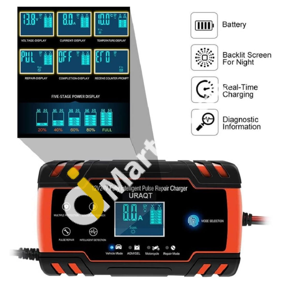 Uraqt Car Battery Charger, 12 V / 24 V Car Battery Charger with LCD Screen,  Battery Charger, Trickle Charger with Multiple Protection for Car Battery