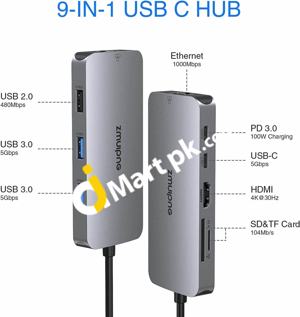 Portable USB-C® Multiport Adapter, 2x USB-C, USB-A, HDMI, VGA, RJ45, SD Card